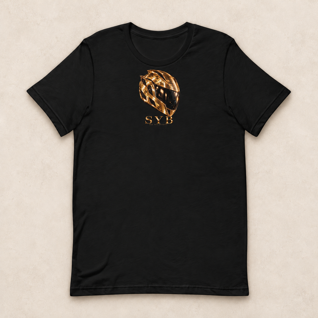 Icon Tee in black with the gold-tone helmet and SYB front print; studio mockup.