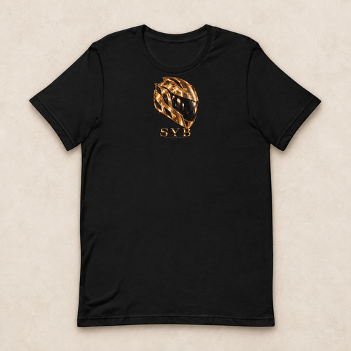 Icon Tee in black with the gold-tone helmet and SYB front print; studio mockup.