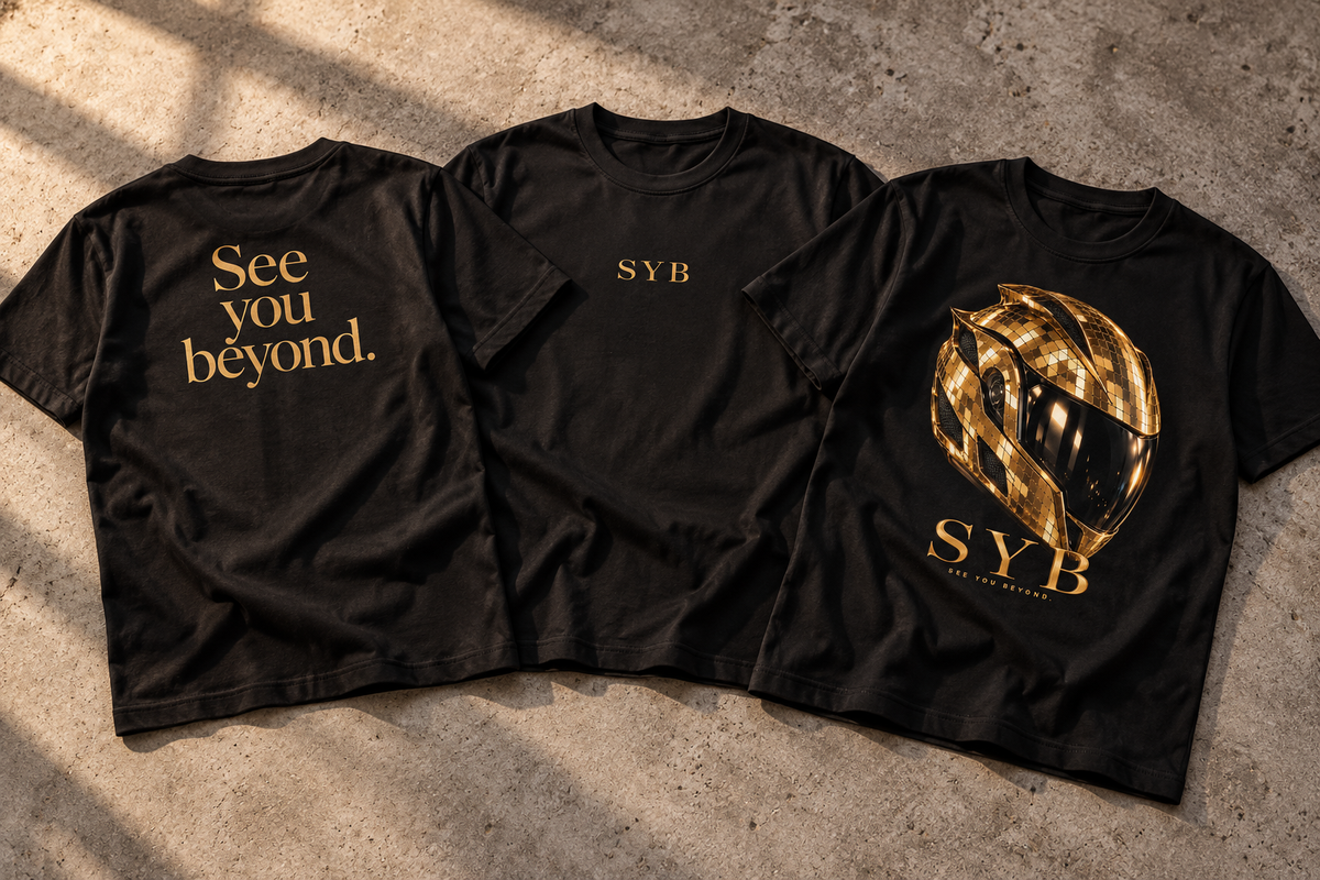 SYB first capsule — three black T-shirt design visualizations featuring the wordmark, gold helmet and See you beyond.