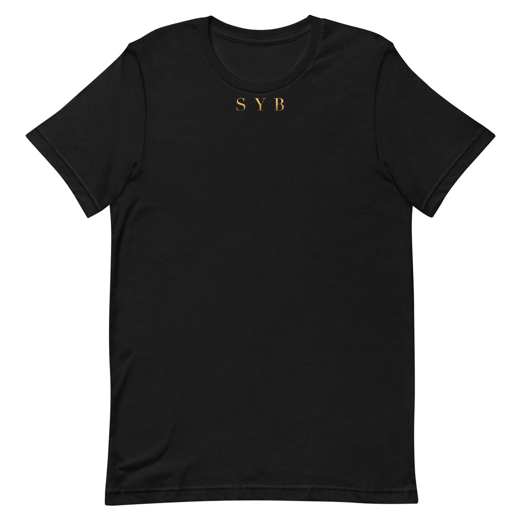 Wordmark Tee — Black, gold-tone front print on a black Bella + Canvas 3001 T-shirt