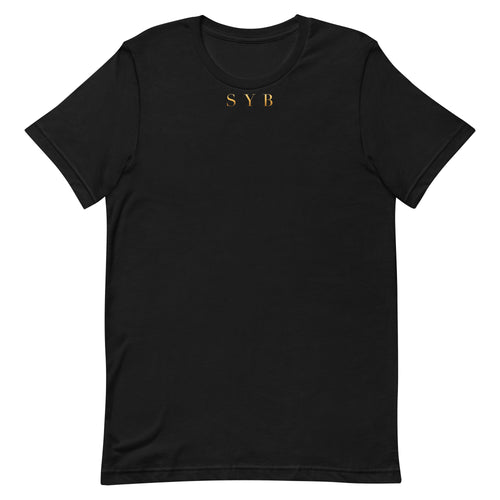 Wordmark Tee — Black, gold-tone front print on a black Bella + Canvas 3001 T-shirt