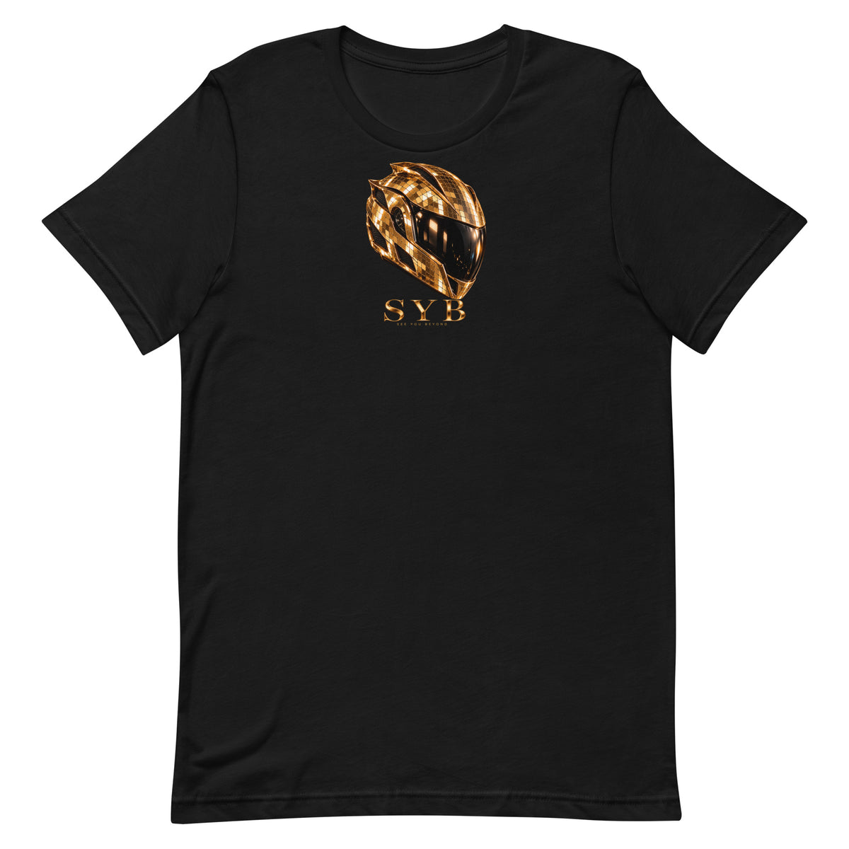 Icon Tee — Black, gold-tone front print on a black Bella + Canvas 3001 T-shirt