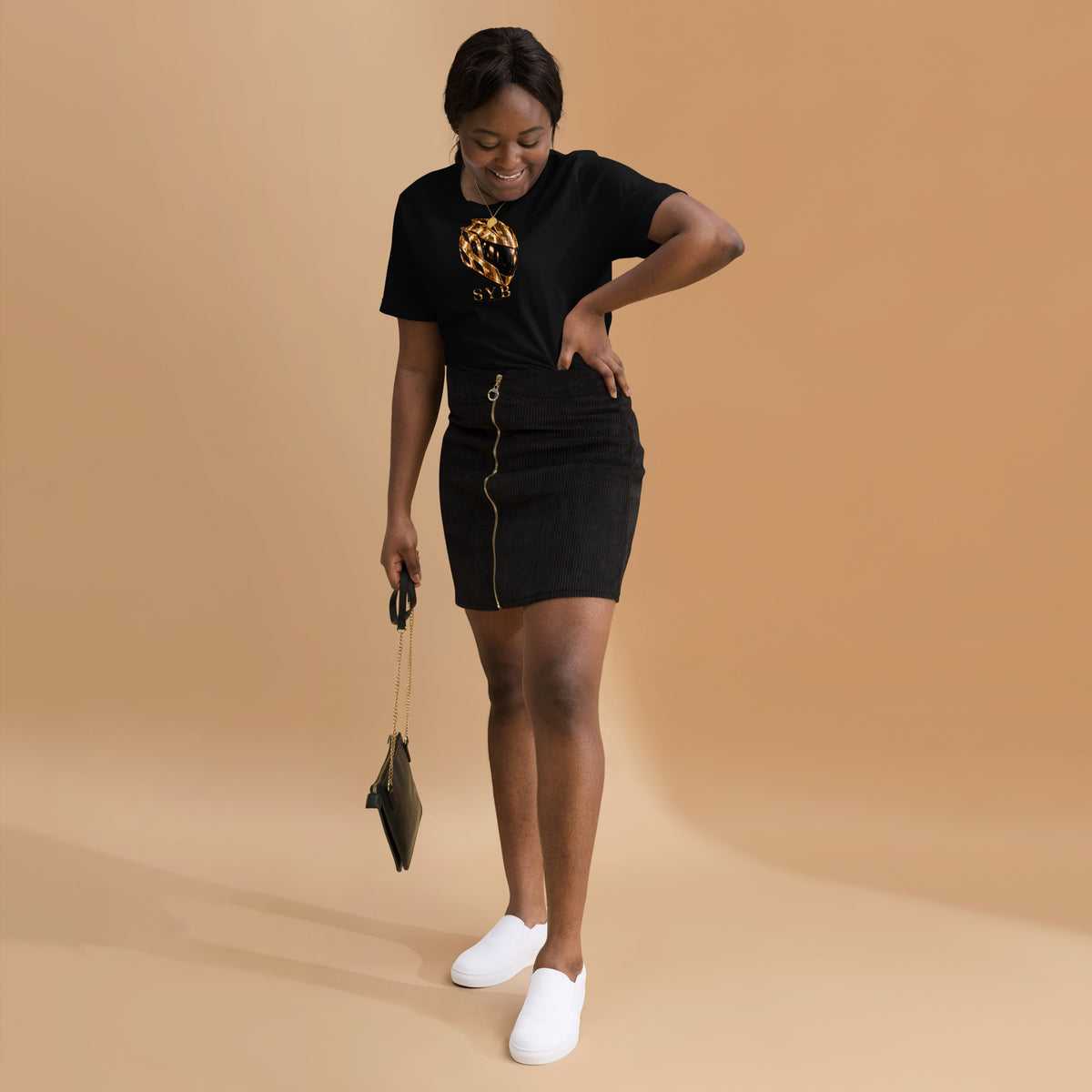 Icon Tee — Black worn by a model, front view