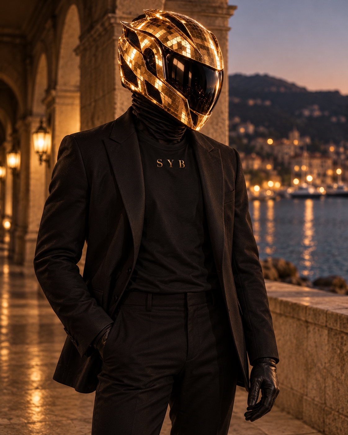 SYB styling the black Wordmark Tee with a blazer and the signature gold helmet; editorial styling image.